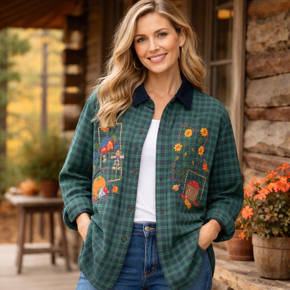 Victoria Jones Vintage Embroidered Flannel Shirt | 22W | Farm Harvest